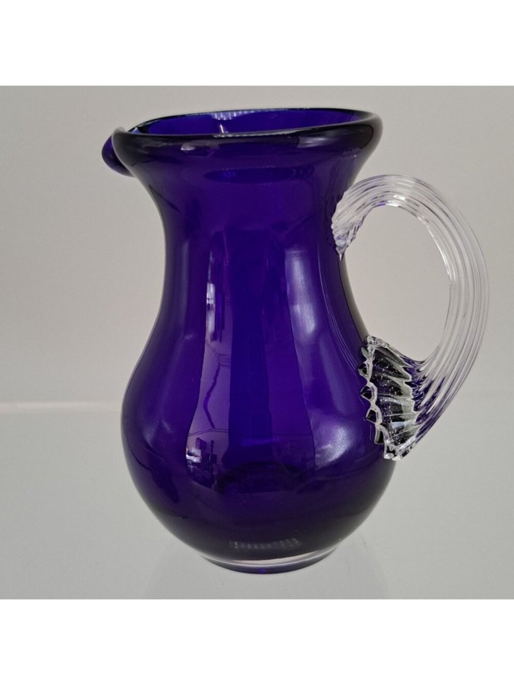 Pilgrim Glass Cobalt Blue Pitcher Clear Ribbed Applied Handle Vintage